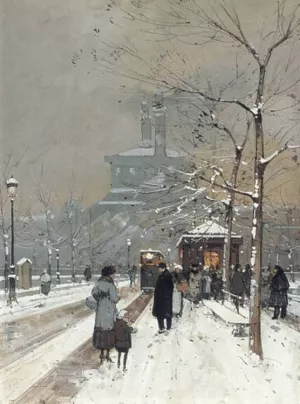 Figures in the Snow, Paris by Eugene Galien-Laloue Oil Painting