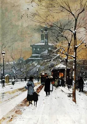 Figures in the Snow, Paris by Eugene Galien-Laloue Oil Painting