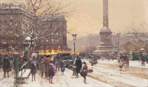 Figures in the snow, the Place de Concorde, Paris by Eugene Galien-Laloue Oil Painting