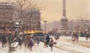 Figures in the snow, the Place de Concorde, Paris Oil painting by Eugene Galien-Laloue