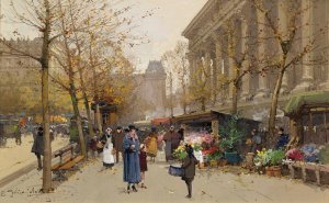 Flower Market, La Madeleine by Eugene Galien-Laloue Oil Painting