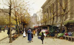 Flower Market, la Madeleine by Eugene Galien-Laloue - Oil Painting Reproduction