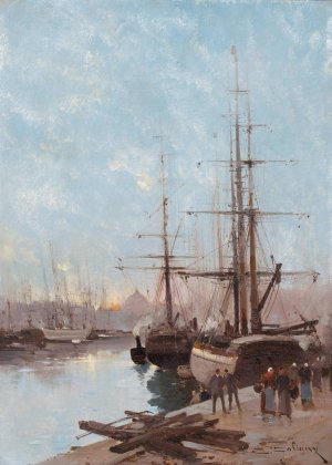 Harbor Scene by Eugene Galien-Laloue Oil Painting