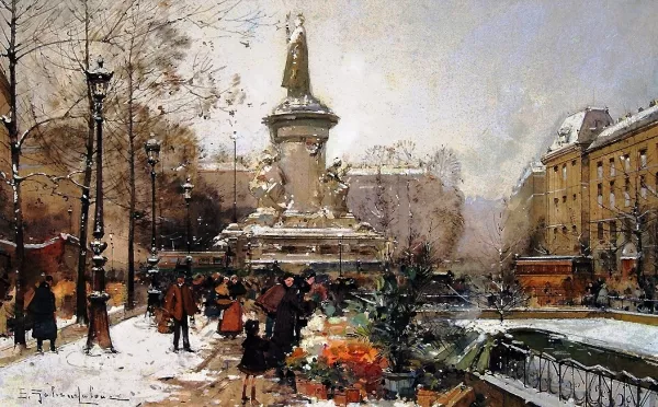 La Place de la Republique, Sous la Neige painting by Eugene Galien-Laloue