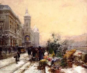 Le Marche Aux Fleurs a la Cite - Paris by Eugene Galien-Laloue Oil Painting