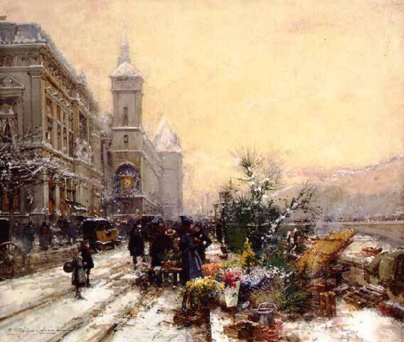 Main Product Photo of Le Marche Aux Fleurs a la Cite - Paris Painting by Eugene Galien-Laloue
