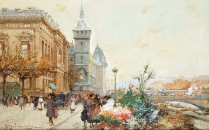 Le Marche Aux Fleurs by Eugene Galien-Laloue Oil Painting