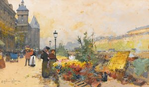 Le Marche Des Fleurs a La Cite by Eugene Galien-Laloue Oil Painting