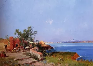 Lunch On A Terrace With A View Of The Bay Of Naples by Eugene Galien-Laloue Oil Painting