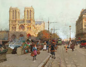 Notre Dame De Paris, Vue Du Quai De Montebello Oil painting by Eugene Galien-Laloue