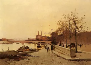 Pont sue la Seine avec une vue sur l'ancien Trocadero painting by Eugene Galien-Laloue