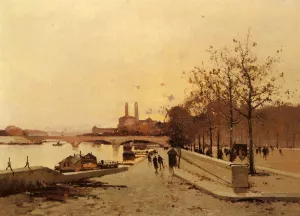 Pont sue la Seine avec une vue sur l'ancien Trocadero Oil painting by Eugene Galien-Laloue