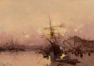 Port Breton au crepuscule by Eugene Galien-Laloue Oil Painting