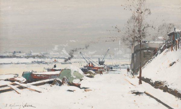 Main Product Photo of Quai De Bercy Sous La Neige Painting by Eugene Galien-Laloue