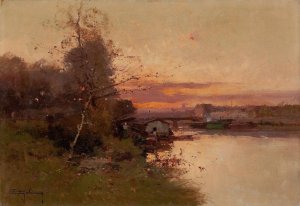 River at Sunset by Eugene Galien-Laloue Oil Painting