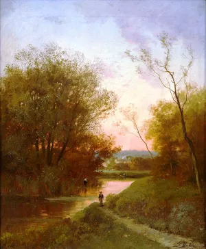 River Landscape with Angler Oil painting by Eugene Galien-Laloue