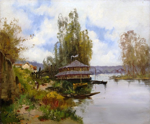River Landscape with Boat House