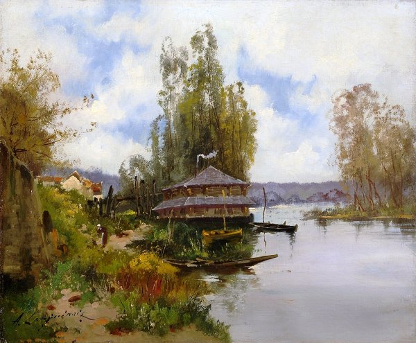 Main Product Photo of River Landscape with Boat House Painting by Eugene Galien-Laloue