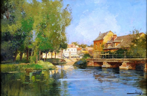 Main Product Photo of River Landscape with City View Painting by Eugene Galien-Laloue