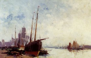 Shipping In The Docks by Eugene Galien-Laloue Oil Painting