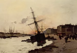 Ships in a Harbour by Eugene Galien-Laloue Oil Painting