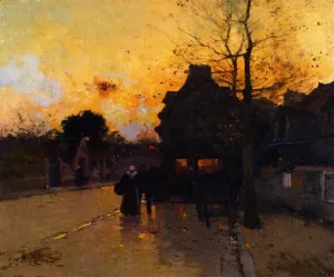 Village, an Autumn Evening painting by Eugene Galien-Laloue