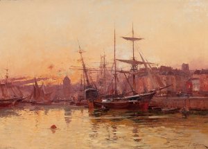 Voiliers a quai en Normandie by Eugene Galien-Laloue Oil Painting