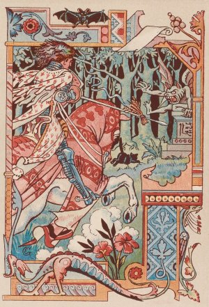 Chevalier sur son cheval pointant sa lance contre un diablotin by Eugene Grasset Oil Painting