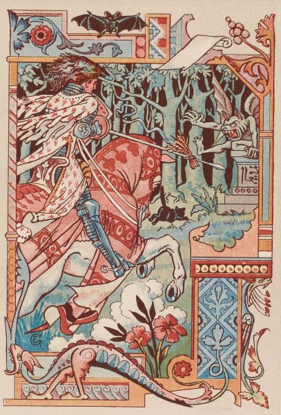 Chevalier sur son cheval pointant sa lance contre un diablotin by Eugene Grasset - Hand-Painted Oil Painting Reproduction