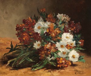 Bouquet with daisies and gold lacquer by Eugene Henri Cauchois Oil Painting