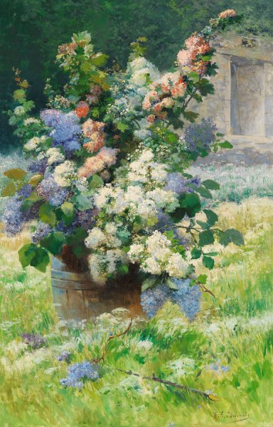 Main Product Photo of Lilac branches and hollyhocks  Painting by Eugene Henri Cauchois