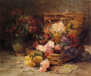 Still Life of Flowes in a Vase and a Basket by Eugene Henri Cauchois - Oil Painting Reproduction