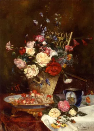 Still Life with Roses, Cherries and Grapes by Eugene Henri Cauchois - Oil Painting Reproduction