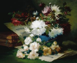 Still Life with Sheet Music and Books by Eugene Henri Cauchois Oil Painting