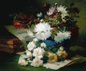 Still Life with Sheet Music and Books by Eugene Henri Cauchois Oil Painting