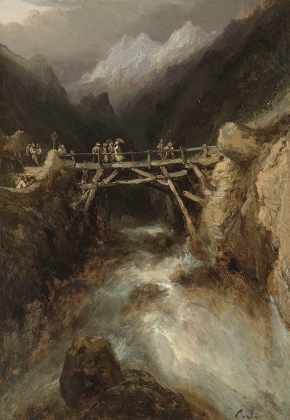 A bridge with travellers crossing a torrent in the Pyrenees by Eugene Isabey - Hand-Painted Oil Painting Reproduction