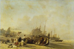 Boats on the Shore at Calais by Eugene Isabey Oil Painting