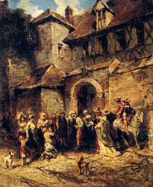 Figures Outside A Doorway Oil painting by Eugene Isabey