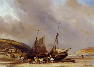 Riders on the Beach with Ship by Eugene Isabey Oil Painting