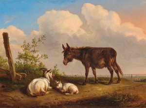 A Donkey and Goats on a Country Road by Eugene Joseph Verboeckhoven Oil Painting