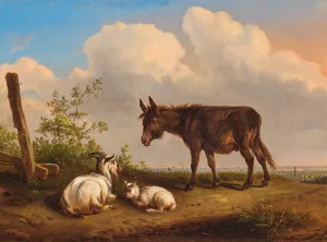 A Donkey and Goats on a Country Road by Eugene Joseph Verboeckhoven Oil Painting