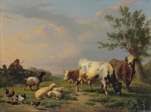 A Farmer With Three Cows, Three Sheep, One Goat And Five Chickens In A Landscape by Eugene Joseph Verboeckhoven Oil Painting