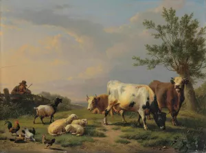 A Farmer With Three Cows, Three Sheep, One Goat And Five Chickens In A Landscape by Eugene Joseph Verboeckhoven Oil Painting