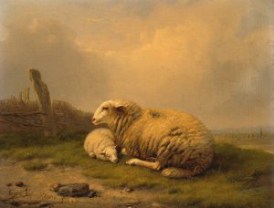 A resting sheep and a lamb by Eugene Joseph Verboeckhoven Oil Painting