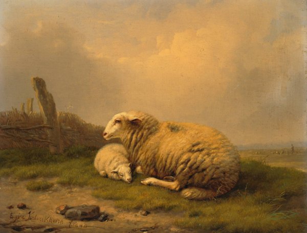 Main Product Photo of A resting sheep and a lamb  Painting by Eugene Joseph Verboeckhoven