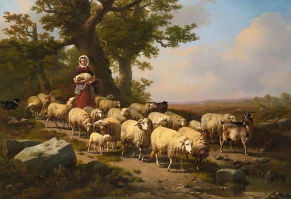 Main Product Photo of A Shepherdess With Her Flock  Painting by Eugene Joseph Verboeckhoven