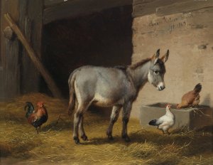 Esel und Huhner im Stall by Eugene Joseph Verboeckhoven Oil Painting