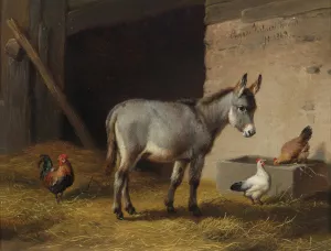 Esel und Huhner im Stall by Eugene Joseph Verboeckhoven Oil Painting
