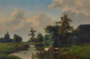 Farm Animals By A Stream by Eugene Joseph Verboeckhoven Oil Painting
