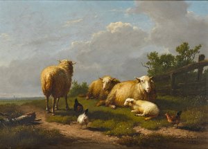 Sheep and Chicken in a Landscape by Eugene Joseph Verboeckhoven Oil Painting